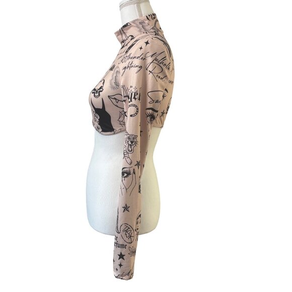 Shein Long Sleeve Tattoo Print Crop Top With Mock Neck Beige & Black Womans M - Picture 2 of 16